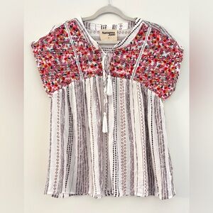 Savanna Jane Women's Small Embroidered Top Boho Tassels Short Sleeve Babydoll